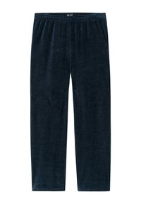 Pantalones de lounge suaves en color azul marino, con cintura elástica y diseño de pierna recta, que presentan una textura lisa y sin patrones visibles.
