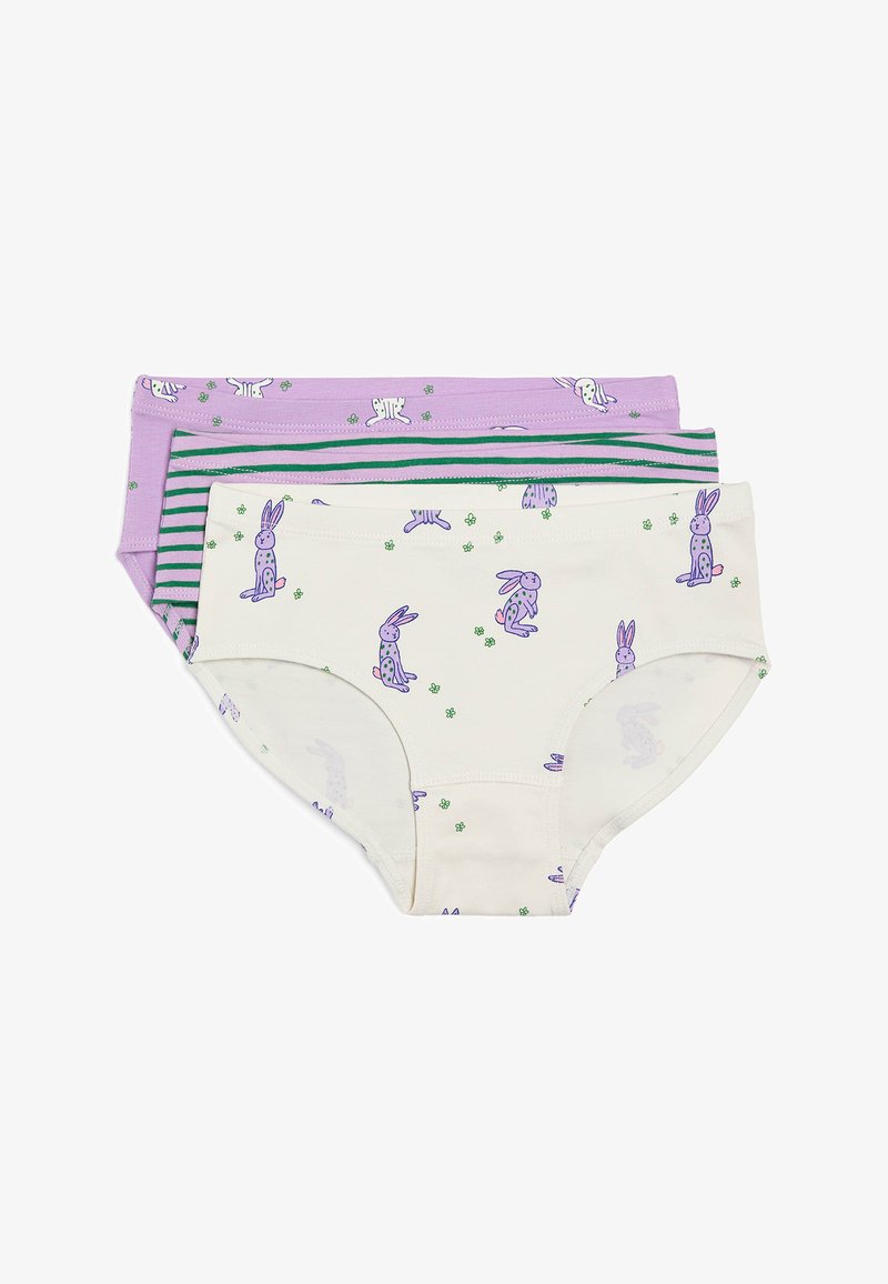 Trois paires de sous-vêtements pour enfants en violet, rayé vert et crème avec motif de lapin violet, posés à plat et empilés.