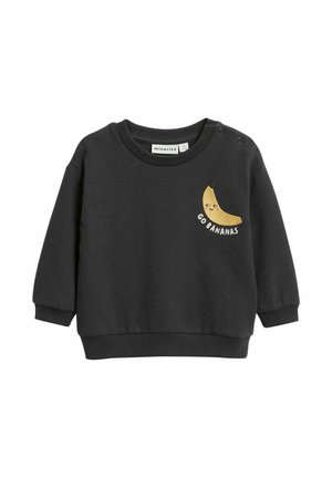 Czarna bluza dla malucha z prążkowanymi mankietami i napisem „Go Bananas” obok uśmiechniętej grafiki banana na piersi.