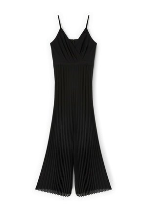 Černý bezrukávový overal s plisovanými širokými kalhotami a zavinovacím výstřihem do V s tenkými ramínky.