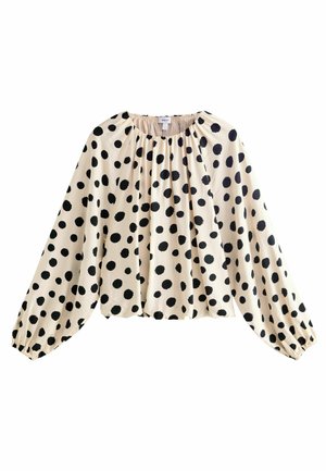 Lichtbeige blouse met zwarte stippen, met een geplooide halslijn en lange, ballonmouwen. Zachte, gladde stof met een subtiele glans.