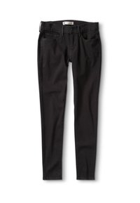 Zwarte denim jeans met een rechte pasvorm, voorzien van een standaard tailleband, riemlussen en twee voorzakken. Glad textuur, minimale hardware.