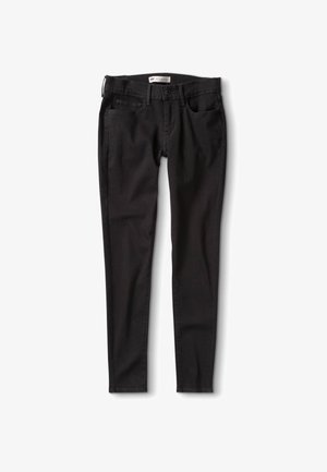 Schwarze Denim-Jeans mit geradem Schnitt, ausgestattet mit einem normalen Bund, Gürtelschlaufen und zwei Vordertaschen. Glatte Textur, minimale Hardware.