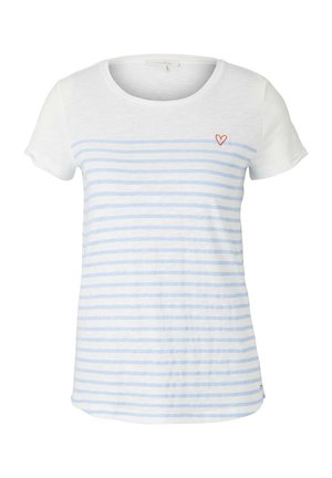 Valkoinen lyhythihainen t-paita, jossa sinisiä vaakaraitoja ja pieni punainen sydämen kirjailu rinnassa. Pehmeä, kevyt kangas.