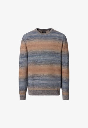 Long-sleeve crewneck sweater with horizontal stripes in shades of blue, gray, and tan, knit texture, ribbed cuffs and hem.