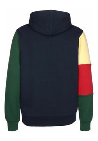 Sweat-shirt à capuche avec un corps bleu marine et des manches vertes, jaunes, rouges et bleues. Fabriqué en tissu doux avec des poignets et un ourlet côtes.