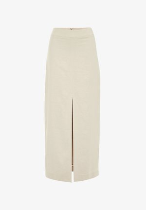 Gonna midi beige chiaro con taglio dritto e spacco centrale anteriore. Realizzata in un tessuto liscio con zip nascosta sul retro.