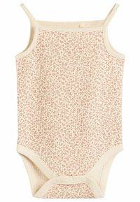 Hellbeige Bodysuit mit dünnen Trägern, das ein kleines Blumenmuster in zartem Rosa aufweist. Druckknopfverschluss im Schritt für ein einfaches Ankleiden. Weiches Material.