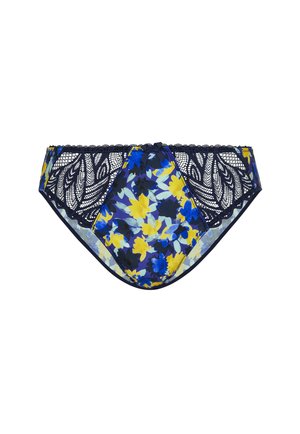 Navy floral print bikini brief with yellow and blue flowers, lace detailing along the waistband, and a smooth front panel.