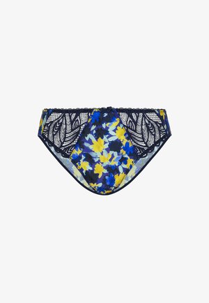 Marineblauer Bikini-Slip mit Blumenmuster in Gelb und Blau, Spitzenverzierung am Bund und glatter Vorderseite.