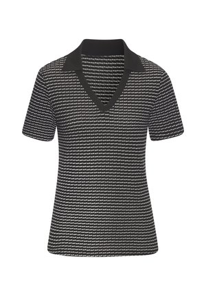 Short-sleeve black polo shirt with a V-neck, featuring a textured pattern of white horizontal lines and a solid black collar.