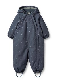 Granatowy kombinezon zimowy dla malucha z kapturem, elastycznymi mankietami i bocznymi kieszeniami, zdobiony małym wzorem i miękką wkładką wewnętrzną.
