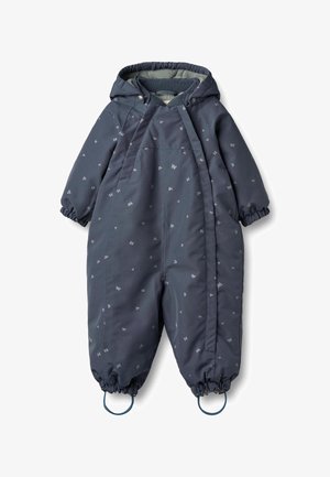 Donkerblauw peuter sneeuwpak met capuchon, elastische manchetten en zijzakken, voorzien van een kleine patroonprint en een zachte binnenvoering.