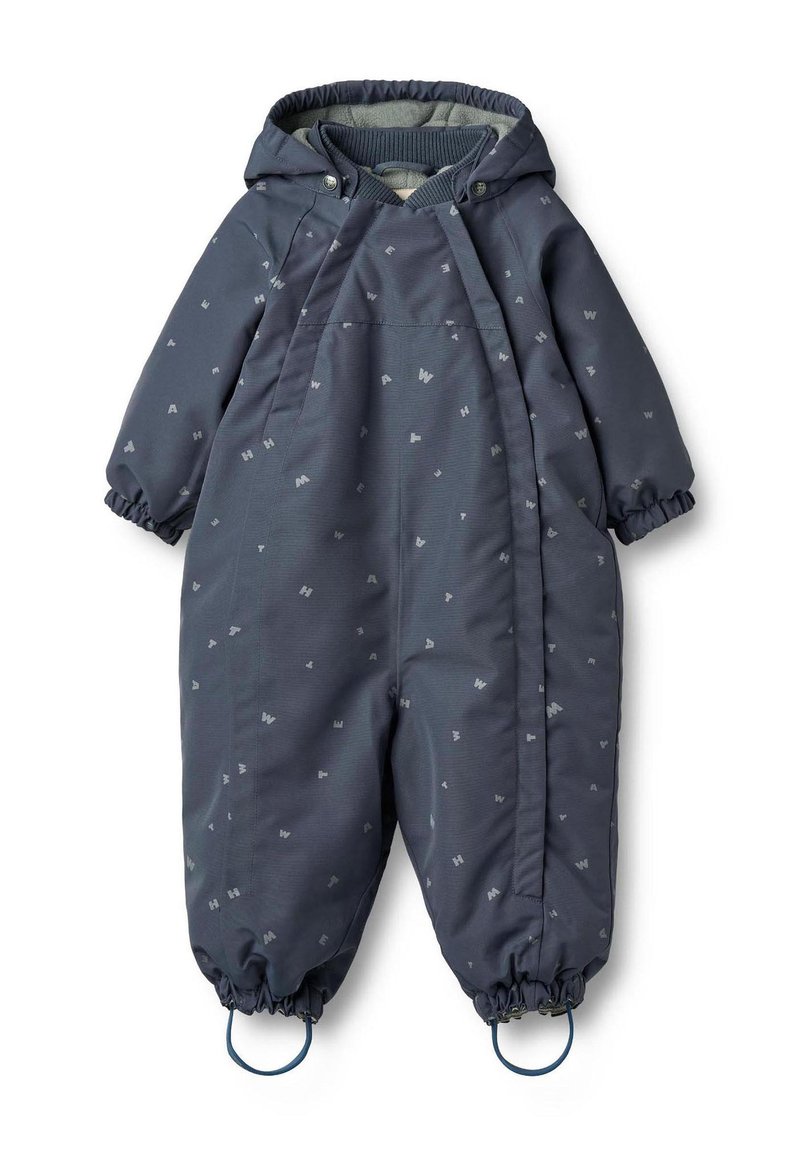 Granatowy kombinezon zimowy dla malucha z kapturem, elastycznymi mankietami i bocznymi kieszeniami, zdobiony małym wzorem i miękką wkładką wewnętrzną.