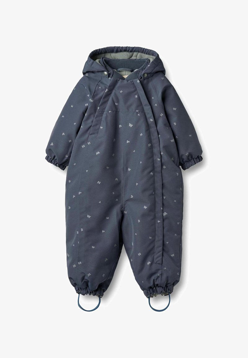 Granatowy kombinezon zimowy dla malucha z kapturem, elastycznymi mankietami i bocznymi kieszeniami, zdobiony małym wzorem i miękką wkładką wewnętrzną.