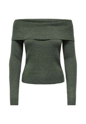 Pull en maille côtelée verte avec manches longues et large encolure bardot rabattue, taille ajustée.