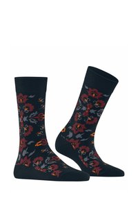 Marineblaue Socken mit floralem Muster in Rot, Orange und Grau, ausgestattet mit gerippten Bündchen und einem weichen Textilfinish.