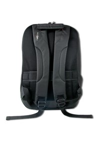 Zwarte rugzak met gewatteerde, ademende mesh-schouderbanden, verstelbare zijgespen en een handvat bovenop. Gladde oppervlakte met subtiele details.