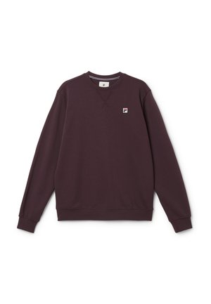 Dunkellila Langarm-Sweatshirt mit Rundhalsausschnitt, kleinem quadratischem Logo-Patch auf der linken Brust und gerippten Bündchen und Saum.