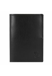 Cartera de cuero negro, textura suave, diseño rectangular, con bordes cosidos y logo en relieve de un gato en la parte frontal.