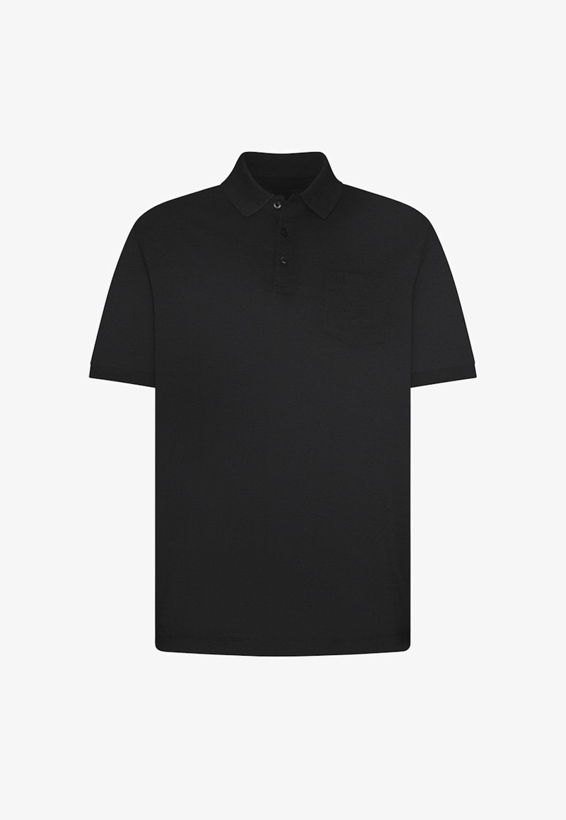 Schwarzes Polohemd aus einem Stoff mit glatter Textur, ausgestattet mit einem Kragen, einer dreiknöpfigen Knopfleiste und einer Brusttasche auf der linken Seite.