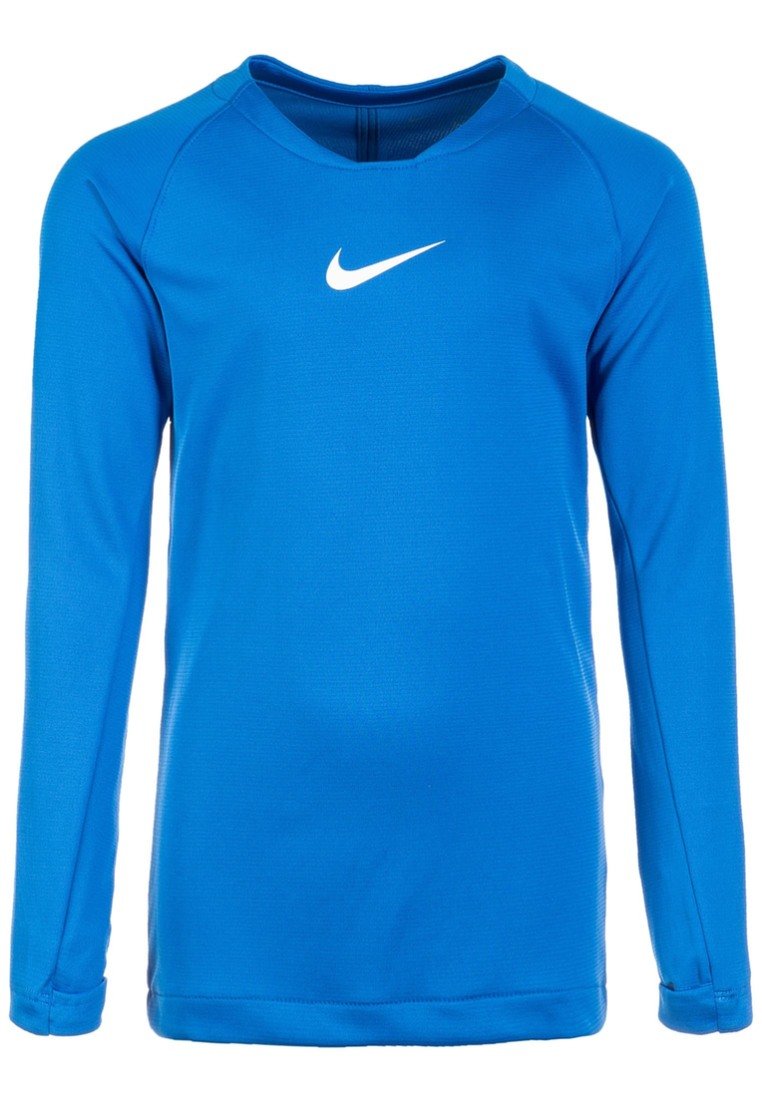 Maglietta sportiva a maniche lunghe in tessuto blu brillante con una superficie liscia. Presenta un logo Nike bianco sul petto e un colletto rotondo.