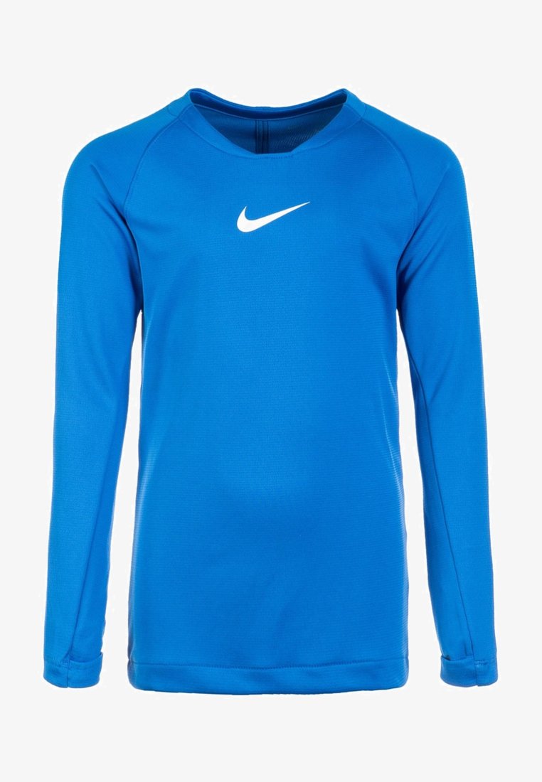 Langärmliges, sportliches Shirt aus leuchtend blauem Stoff mit glatter Textur. Verfügt über ein weißes Nike-Logo auf der Brust und einen runden Ausschnitt.