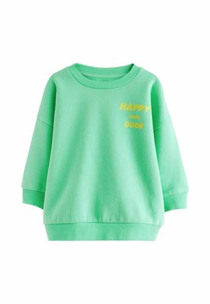 Mintgrøn langærmet sweatshirt med ribbet manchetter og kant, med gul tekst der lyder "HAPPY cool DUDE" på øverste venstre bryst.