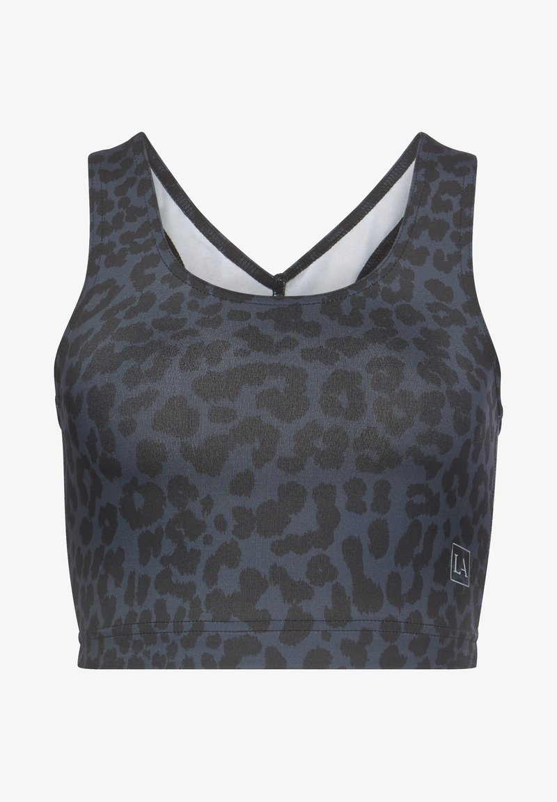 Reggiseno sportivo di colore blu scuro con stampa leopardata nera. Vestibilità aderente, con scollo a V e design incrociato sulla schiena. Texture liscia, logo del marchio sul lato.