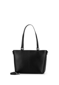 Zwarte leren schoudertas met een gestructureerde afwerking, dubbele handvatten en een afneembare schouderband. Gekenmerkt door zilverkleurige hardware en een strakke vorm.