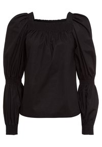 Schwarze Bluse mit langen Puffärmel, gerafftem quadratischem Ausschnitt und gerafften Bündchen an Ärmeln und Taille.