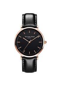 Reloj con correa de cuero negro y caja de oro rosa, con un dial negro, marcadores de hora blancos y agujas delgadas. Nombre de la marca "Victoria Hyde London" exhibido.