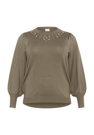 Brown long-sleeve sweater with puffed sleeves and pearl embellishments around the neckline, featuring a ribbed hem and cuffs.