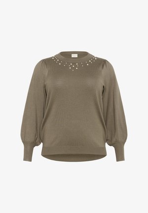 Brun langærmet sweater med puffede ærmer og perleudsmykninger omkring halsudskæringen, der har ribbet kant ved bunden og håndleddene.