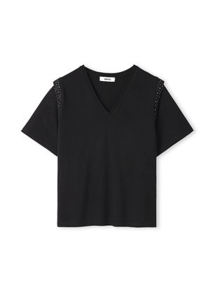Schwarzes V-Ausschnitt-T-Shirt aus weichem Stoff. Mit kurzen Ärmeln und Nietenakzenten. Gerader Saum und lockere Passform.