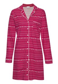 Noćna haljina crvene i bijele boje s uzorkom, dugim rukavima, kragnom, kopčanjem sprijeda i džepom na prsima. Sadrži geometrijske i cvjetne uzorke.