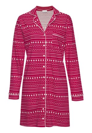 Nachthemd in Rot- und Weiß mit Muster, langen Ärmeln, Kragen, Knopfverschluss vorne und Brusttasche. Verfügt über geometrische und florale Designs.