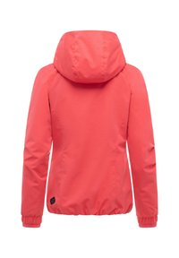Coral pink women's jacket with hood, long sleeves, elastic cuffs, and gathered hem shown from the back on a white background.
