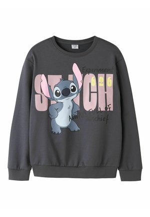 Sweat-shirt gris foncé avec le personnage de dessin animé Stitch de Lilo et Stitch, gros texte rose "STITCH," et numéro jaune "626" sur le devant.