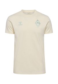 Lys beige bomulds t-shirt med korte ærmer, der har et grønt diamant logo og et lille grønt "hummel" emblem på brystet.