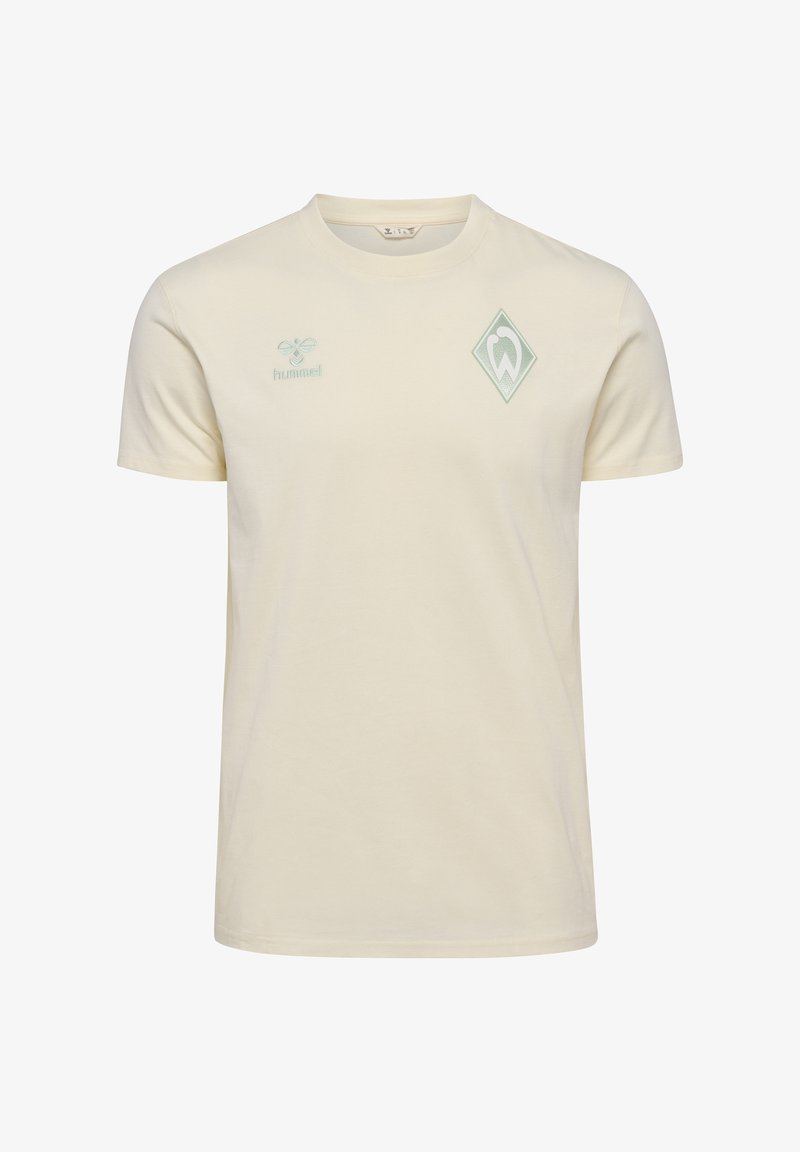 Lys beige bomulds t-shirt med korte ærmer, der har et grønt diamant logo og et lille grønt "hummel" emblem på brystet.