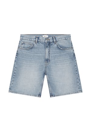 Light blue denim shorts with front pockets, belt loops, and a button closure, displayed flat on a white background.