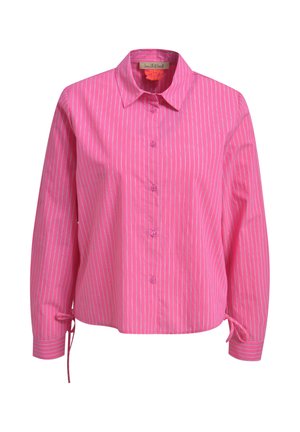 Pink long-sleeve button-up shirt with white vertical stripes, pointed collar, and ties at the cuffs.