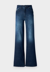 Džínové kalhoty s vysokým pasem v tmavě modré barvě, širokými rozšířenými nohavicemi a jemným vyblednutím na stehnech a kolenou, se zadními kapsami a poutky na opasek.