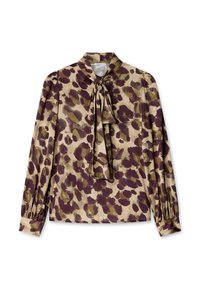 Blusa a maniche lunghe in tessuto leggero con sfondo beige e macchie astratte marroni e verde oliva, dettaglio a fiocco al collo, maniche plissettate.