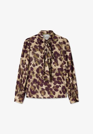 Long-sleeved blouse in lightweight fabric featuring a beige background with brown and olive green abstract spots, tie detail at the neck, pleated sleeves.