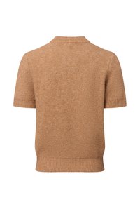 Krótki sweter z krótkim rękawem w ciepłym brązowym odcieniu, wykonany z miękkiego, teksturowanego materiału, z prążkowanym kołnierzykiem i dołem dla dopasowanego wyglądu.