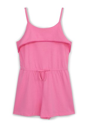 Rompers senza maniche rosa realizzato in tessuto morbido, con sovrapposizione a volant, vita elastica e cordoncino per regolazioni.