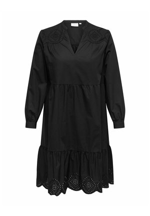 Mustmust must, mille, V-kaelusega, pikkade varrukatega, kihiline seelik ja silmusdetailid äärtes. Sujuv tekstuur.