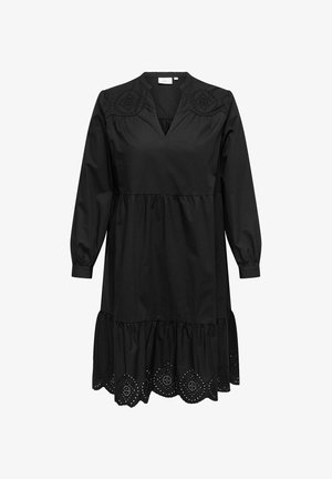 Mustmust must, mille, V-kaelusega, pikkade varrukatega, kihiline seelik ja silmusdetailid äärtes. Sujuv tekstuur.